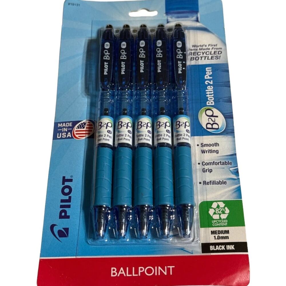 Pilot B2P Bottle 2 Pen Ballpoint 1.0mm Black Ink 5 Pack USA